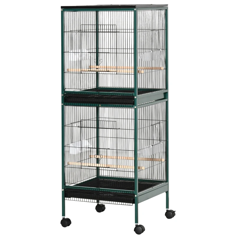 PawHut Gabbia Voliera per Uccelli per Interni con Ruote e Vassoi Estraibili, 51.5x50x140 cm, Verde Scuro