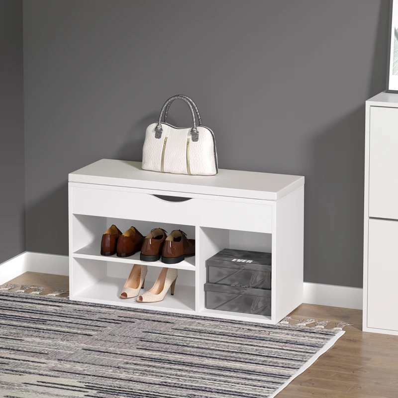 HOMCOM Banco Sapateira com Armazenamento Gaveta Prateleira e Assento Acolchoado para Entrada Estilo Moderno 80x30x47cm Branco