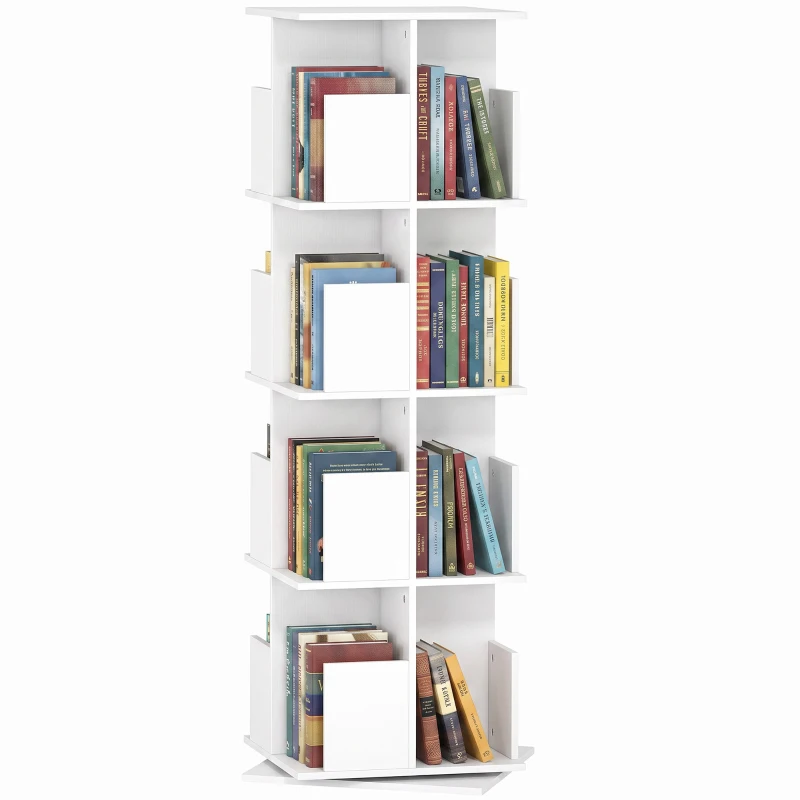 HOMCOM Bibliothèque rotative à 4 niveaux, étagère rangement avec 16 compartiments, 39 x 39 x 128,3 cm, blanc