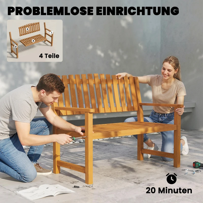 Outsunny Gartenbank 2-Sitzer Wetterfest Holzbank mit Lamelldesign Armlehnen, Holz Sitzbank bis 320 kg 112 x 64 x 92 cm Naturholz