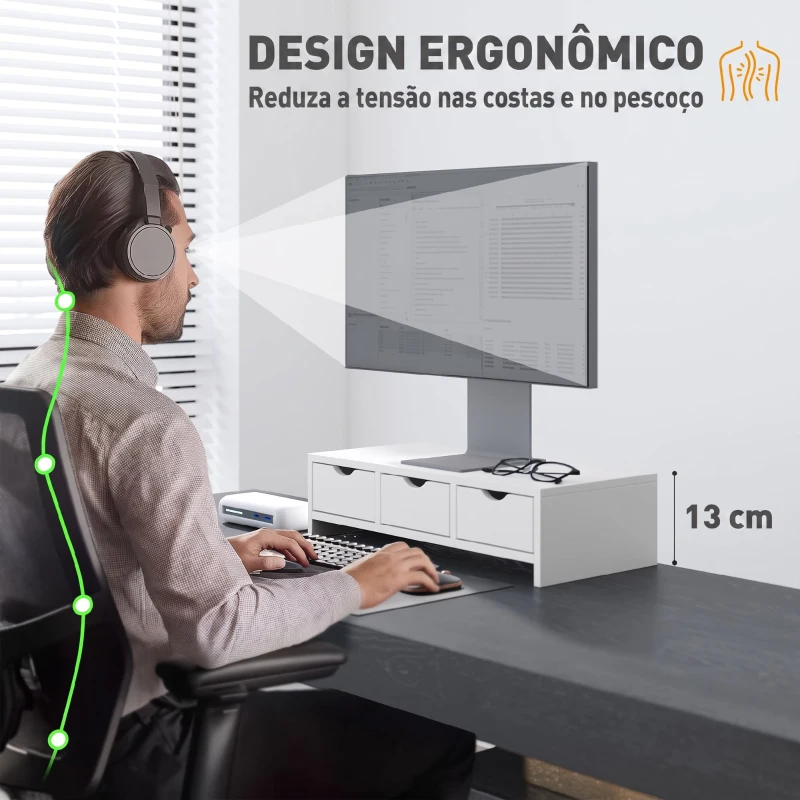 HOMCOM Suporte Elevatório para Monitor de Secretária com 3 Gavetas para PC e Portátil 51x24x13 cm Branco