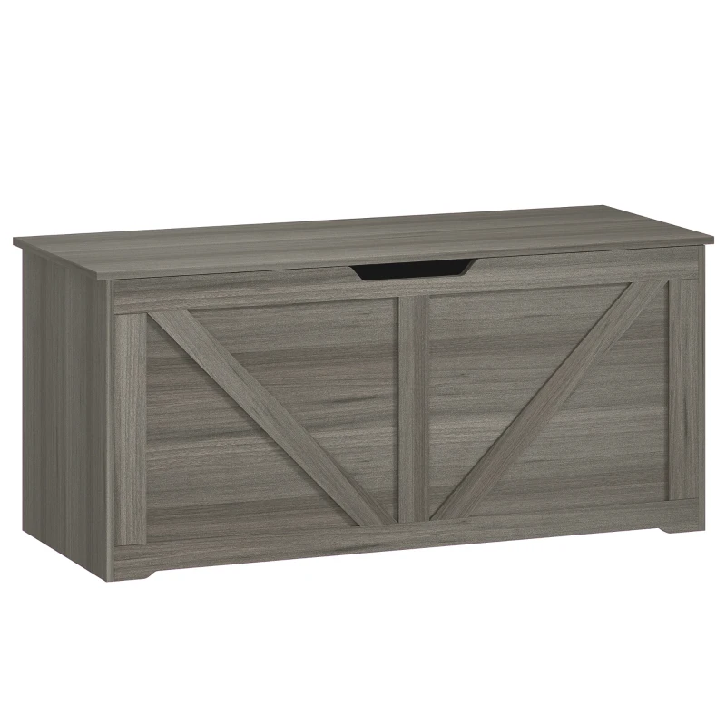 HOMCOM 127L Home Storage Box, with Safety Hinges - Dark Grey Wood-Effect