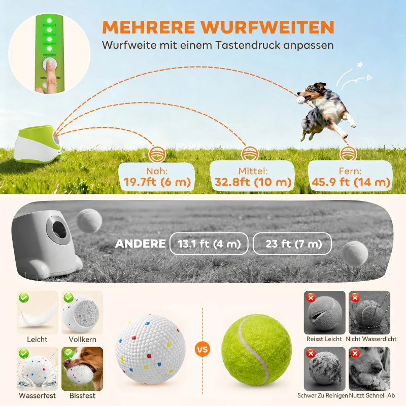 PawHut Automatischer Ballwerfer Interaktive Ballwurfmaschine mit 3 Bälle 3 Distanzen 6m/10 m/14m für kleine mittlere Hunde Grün