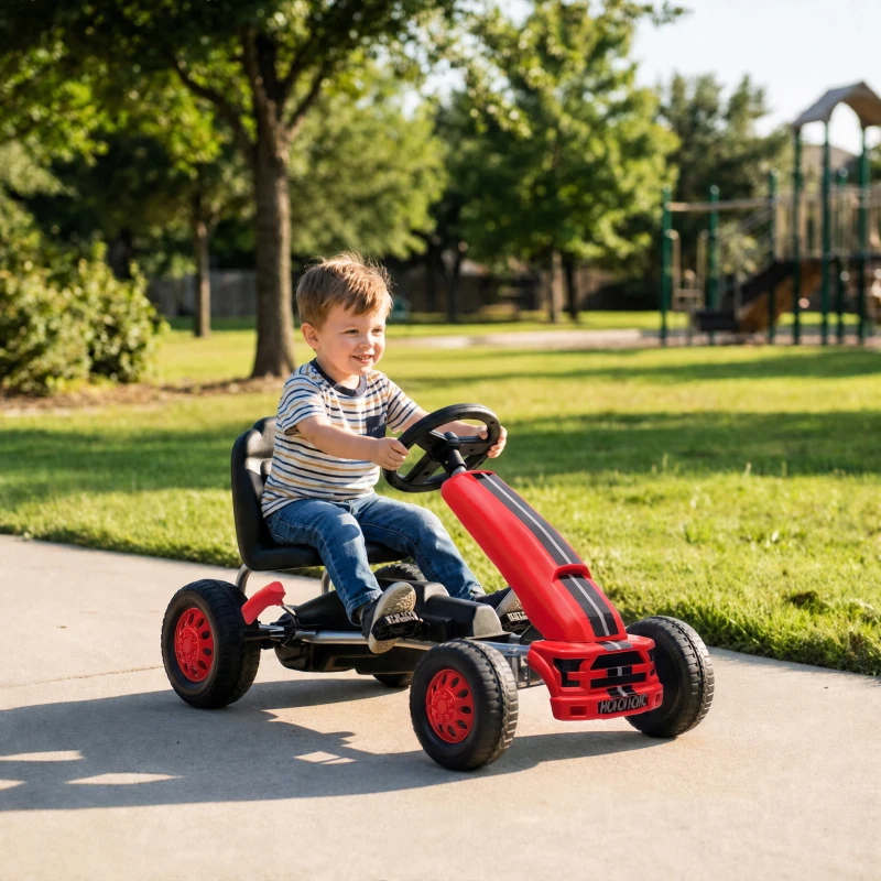 AIYAPLAY Go Kart para Niños de +3 Años con Asiento Ajustable Volante Freno Manual Marco de Aluminio y Acero Carga 30 kg Rojo