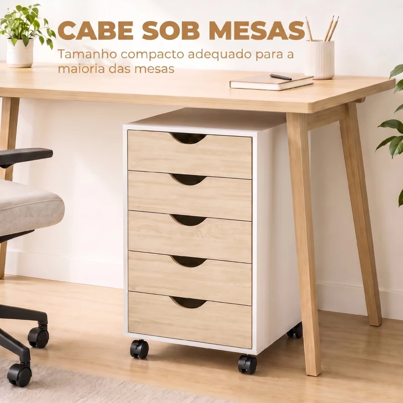 HOMCOM Gaveteiro de Escritório com Rodas e 5 Gavetas, Arquivador Móvel, para Estúdio e Sala, 40x40x67 cm Branco e Natural