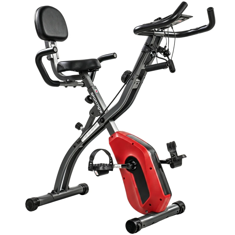SPORTNOW 4-In-1 Folding Exercise Bike with Resistance Bands, Bluetooth App, 8-Level Magnetic Resistance, LCD Display, Red