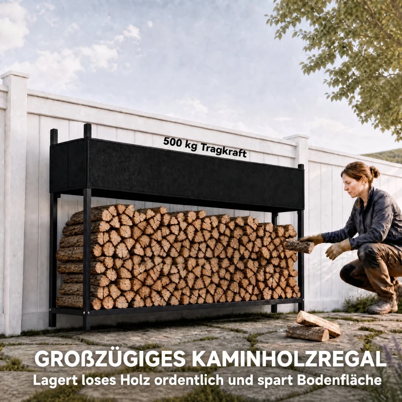 Outsunny Kaminholzregal 202 x 25 x 113 cm Brennholzregal mit 600D-Oxford-Abdeckung Stahlrahmen bis 500 kg Schwarz