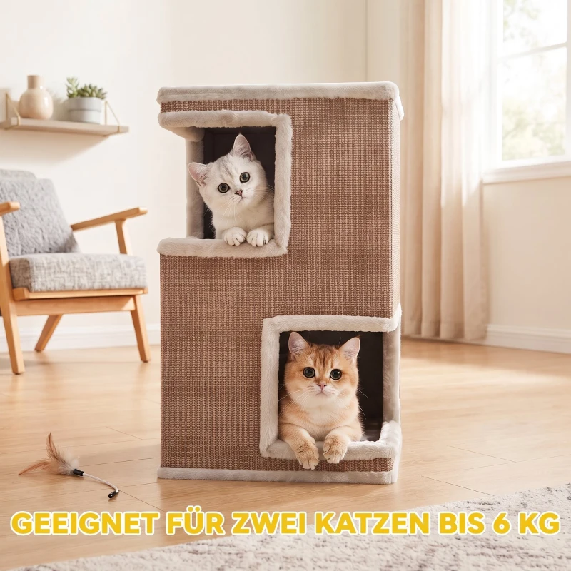PawHut 3-poziomowa beczka dla kota do wnętrz, półzamknięty domek z powierzchniami do drapania dookoła, 2 kryjówki dla kotów