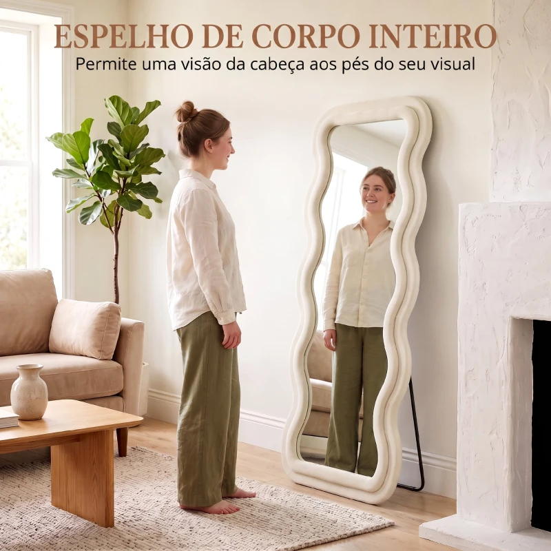 HOMCOM Espelho de Corpo Inteiro 160x60 cm com Moldura Ondulada Aveludada, de Pé, Apoiado e de Parede, Creme
