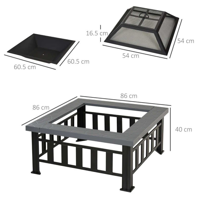 Outsunny Metal Large Firepit Outdoor Square Fire Pit Brazier with Rain Cover, Lid, Log Grate, Poker for Backyard, Camping, BBQ, Bonfire, Wood Burning Stove, 86 x 86 x 54cm, Black