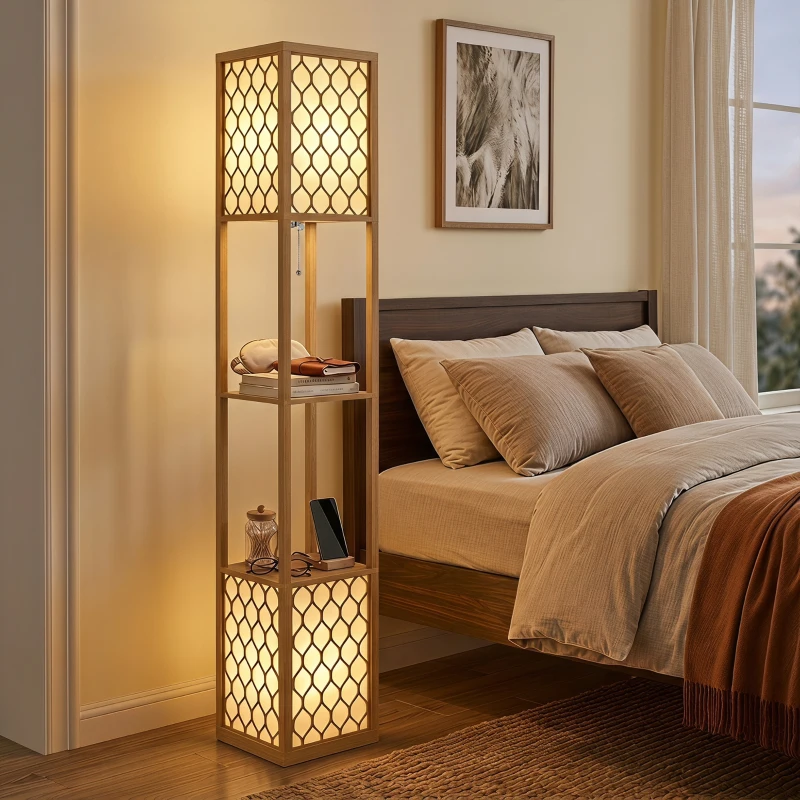 HOMCOM Duo Light Floor Shelves - Natural Wood Finish