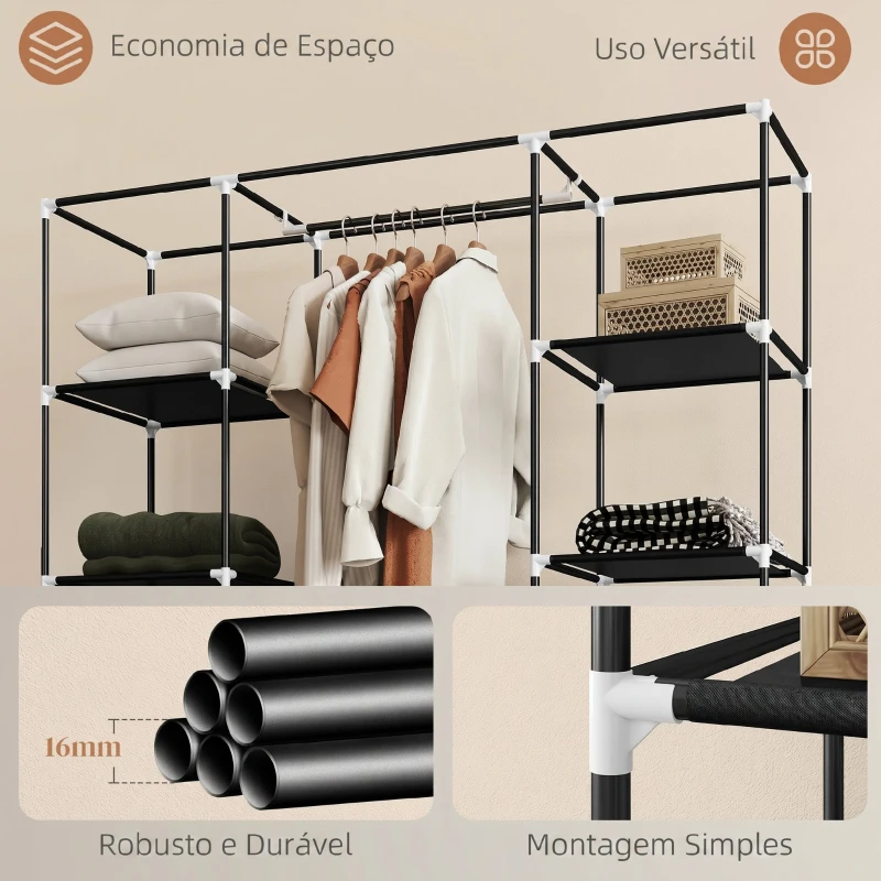 HOMCOM Roupeiro em Tecido com Barra, 10 Prateleiras, Cobertura com Fecho e Estrutura em Aço 150x43x162,5 cm Preto