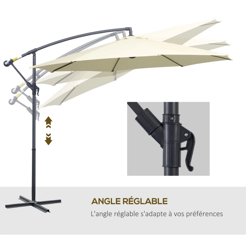 Outsunny Parasol déporté octogonal rabattable diamètre 3 m parasol de jardin avec pied en croix crème