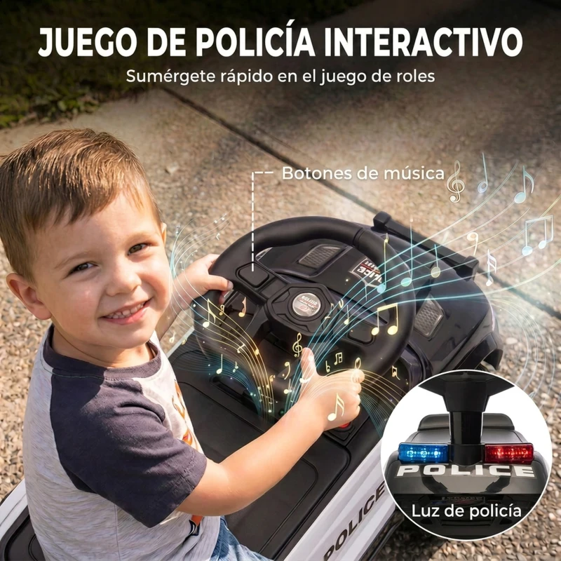 AIYAPLAY Coche Correpasillos de Policía para Niños de 18-36 Meses con Luz Música y Espacio de Almacenaje 65x29,5x36 cm Negro