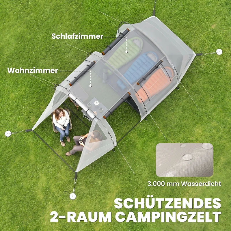 Outsunny Campingzelt für 3 Pers., abdunkelbare Fenster, wasserdicht, 180H x 460L x 230B cm, Khaki/Orange