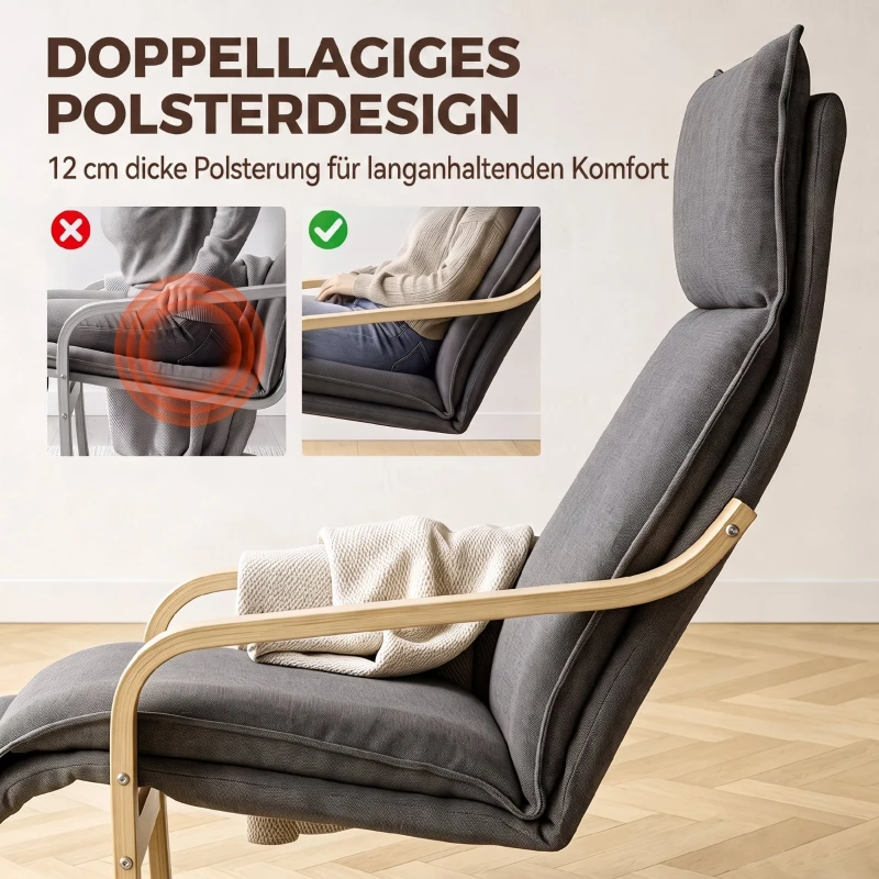 HOMCOM Loungestoel met voetensteun, linnenlook, moderne schommelfauteuil met schommelfunctie, donkergrijs