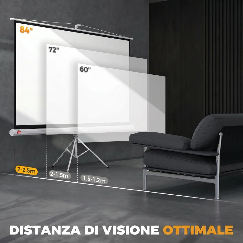 HOMCOM Telo Proiettore da 84 Pollici con Treppiede Regolabile, in Plastica e Metallo, 200x8x118 cm, Bianco