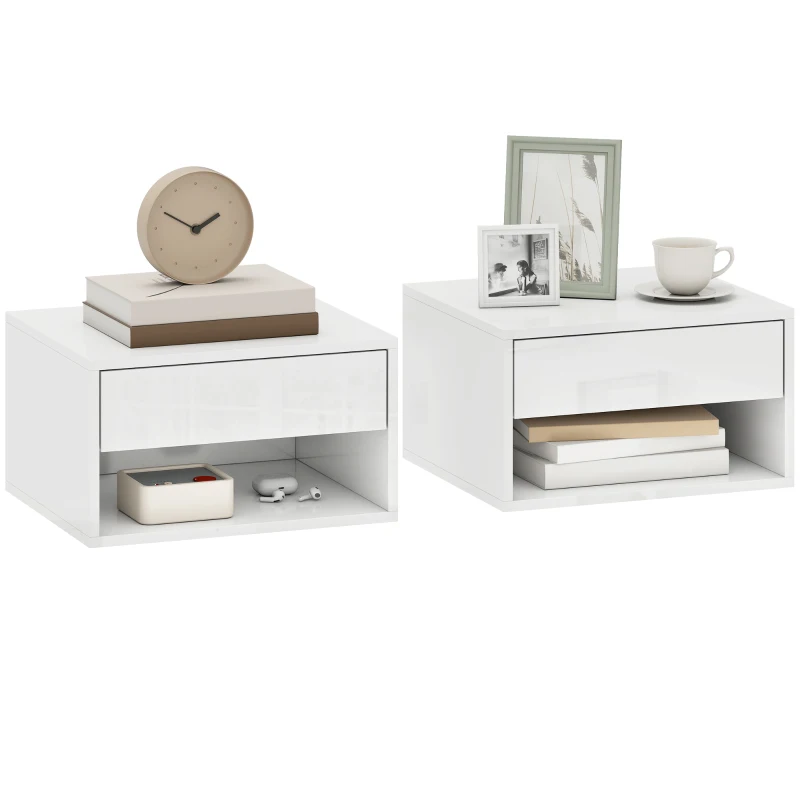 HOMCOM Lot de 2 tables de chevet murales, tables de nuit, tiroir, compartiment ouvert, plateau, 37 x 32 x 21 cm, blanc
