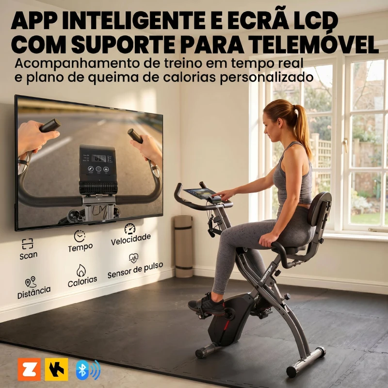 SPORTNOW Bicicleta Estática Dobrável com 8 Níveis de Resistência Volante Ecrã LCD Bluetooth Pulsómetro e Selim Ajustável