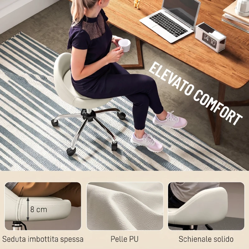 HOMCOM Sgabello con Ruote, Seduta Girevole, Altezza Regolabile e Rivestimento in Finta Pelle PU, Bianco