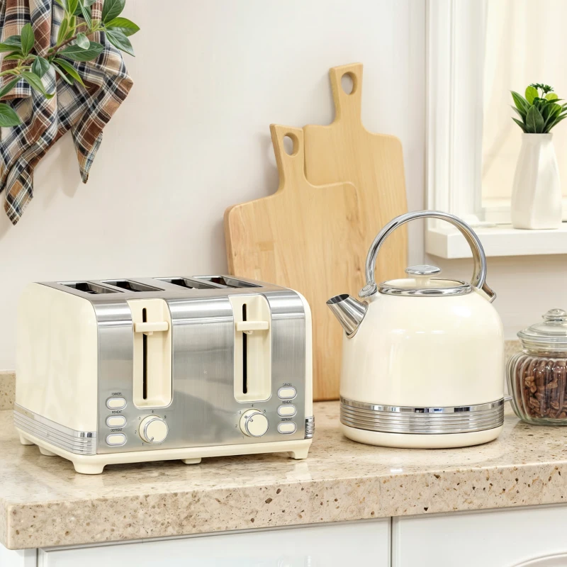 HOMCOM Polished Stainless Steel Kettle and Toaster Set - Cream
