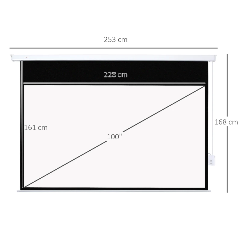 HOMCOM Tela de Projeção Elétrica 100 Polegadas Tela de Projeção Motorizada Formato 16:9 com Controlo Remoto para Cinema am Casa Exterior Festas 253x7,5x168cm Branco