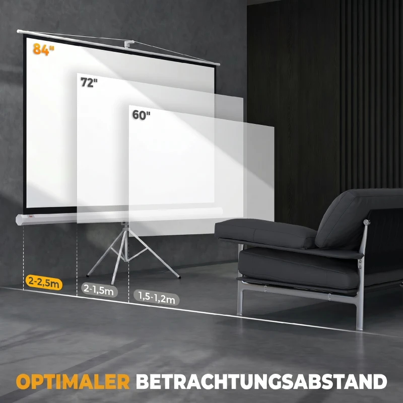 HOMCOM Beamer Leinwand mit Stativ 186 x 105 cm 84 Zoll 16:9 HD 4K Rollo-Leinwand