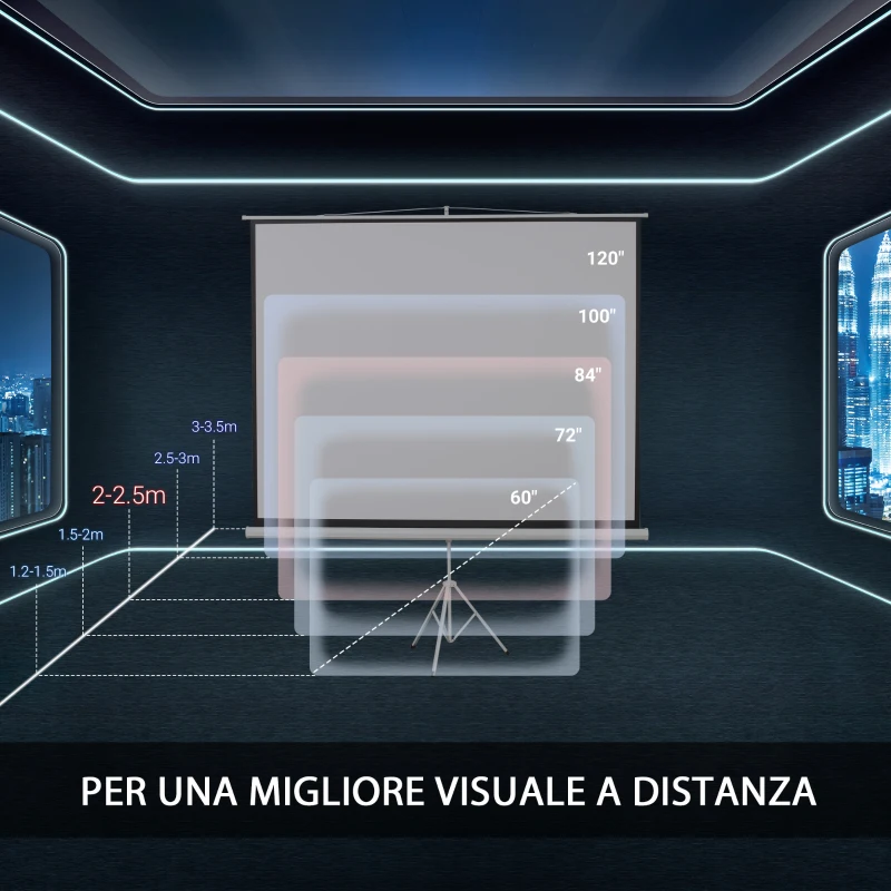 HOMCOM Telo Proiettore da 84 Pollici 4K HD Formato 4:3 con Treppiede Pieghevole e Altezza Regolabile, Schermo per Proiettore Portatile, Grandangolo di 160 Gradi, per Casa Home Cinema Esterno, Bianco