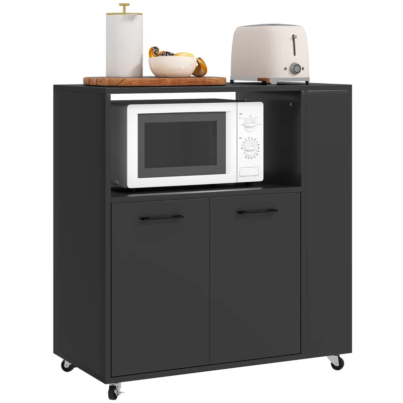 HOMCOM Kitchen Trolley on Wheels, Rolling Kitchen Island Cart with 2-Door Cabinet, Spice Rack and Adjustable Shelf, Black