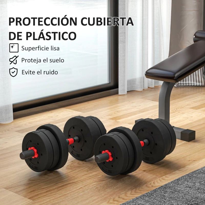 HOMCOM Juego de Mancuernas Ajustables 20 kg 2 en 1 con Barras Conexión y Barra de Extensión para Gimnasio en Casa Negro