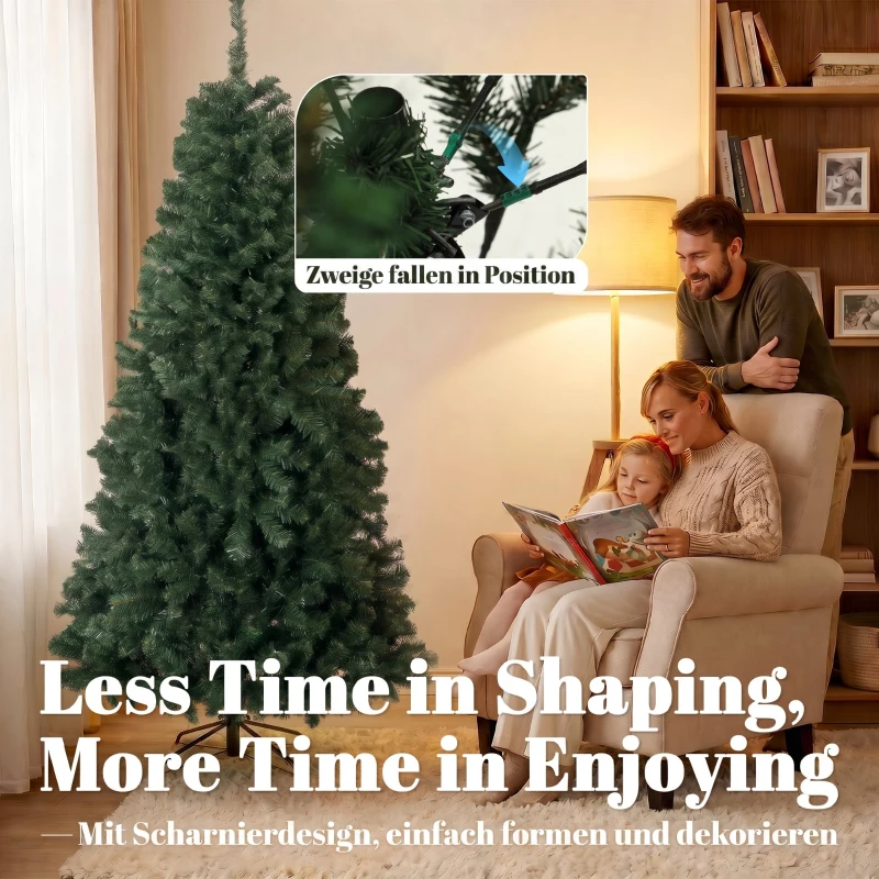 HOMCOM Árvore de Natal Artificial 200 cm com 1000 Ramos, Base Dobrável, Design por Secções e Montagem Fácil, Verde