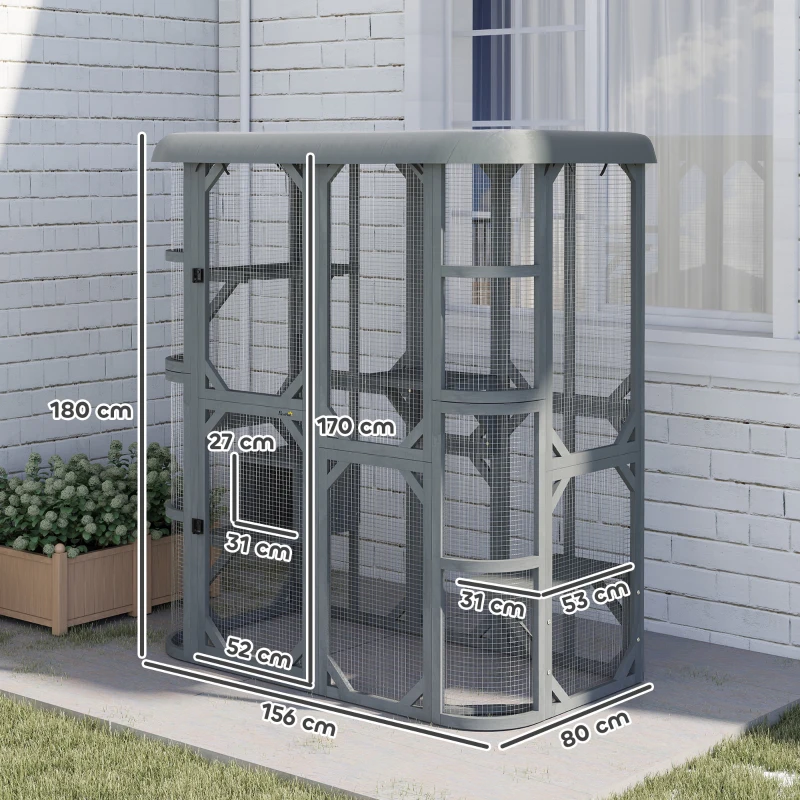 PawHut Catio Outdoor Cat Enclosure,  Wooden Cat House with Platforms, Condo and Waterproof Cover for 2–3 Kittens, Grey