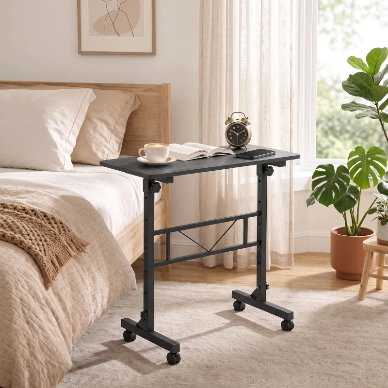 HOMCOM Overbed Table Adjustable Height Sofa Side Table with Wheels 80 x 40 cm Black