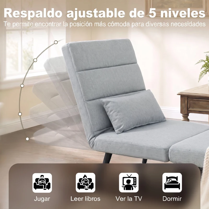 HOMCOM Sillón Cama Plegable 3 en 1 Tapizado en Lino Respaldo Ajustable Almohada con Funda Lavable 67x73x96 cm Gris Claro