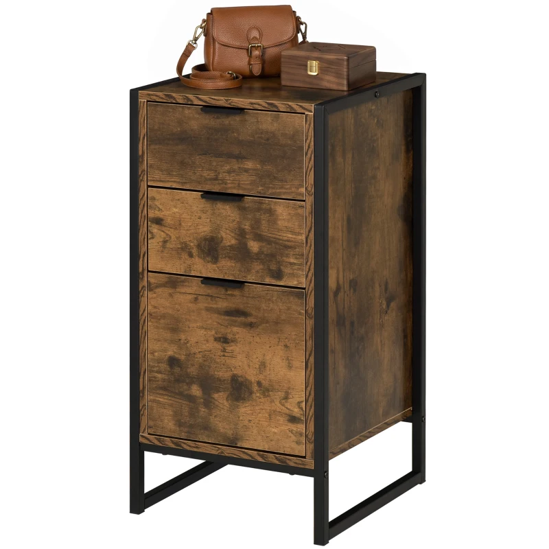 HOMCOM 3 Drawer Chest of Drawers, Industrial Bedside Cabinet with Metal Frame and Runner, Small Storage Unit for Bedroom, Living Room or Office, 39 x 40 x 76.5 cm, Rustic Brown