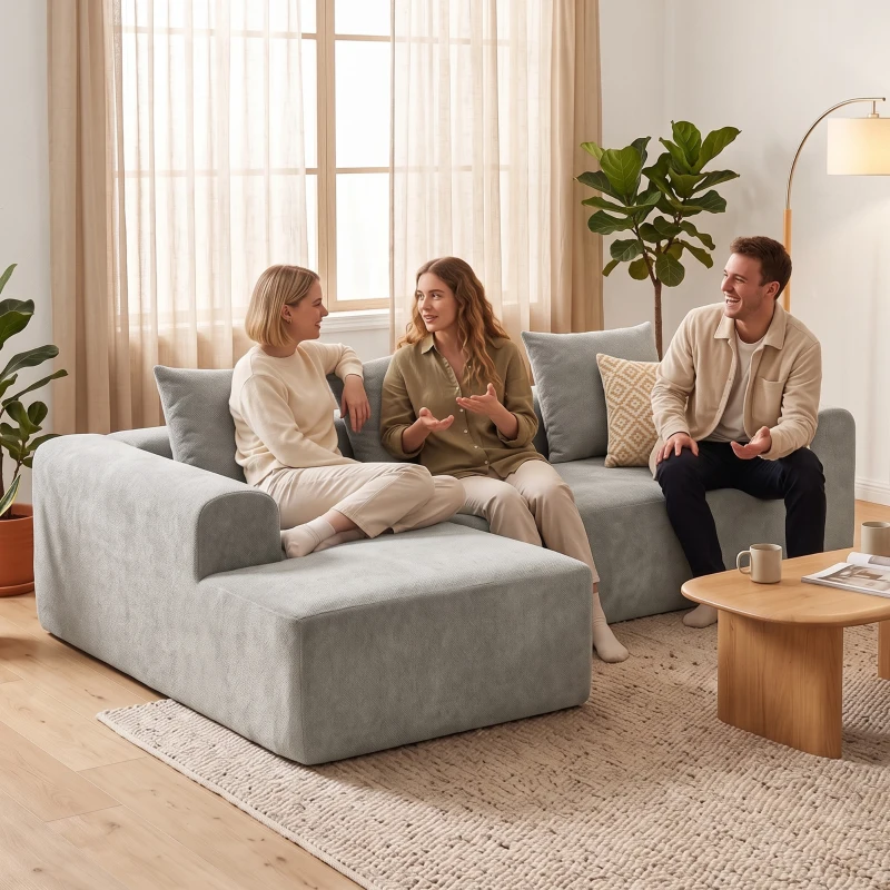 HOMCOM Ecksofa aus Chenille, 3‑Sitzer L‑Form 242 cm mit Ottomane, tiefe Sitzfläche, breite Armlehnen, Hellgrau