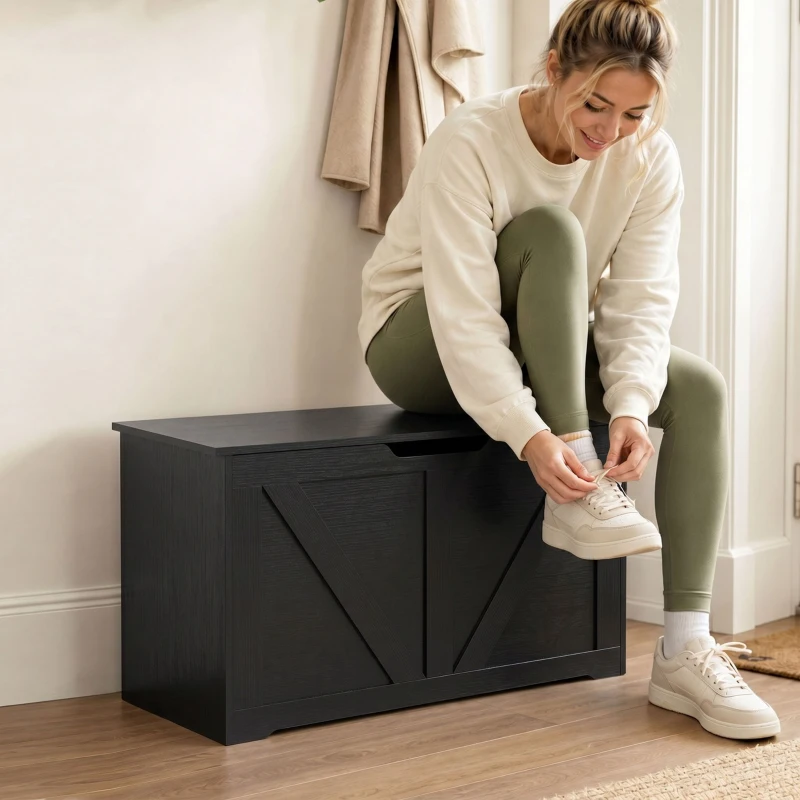 HOMCOM 100L Home Storage Box, with Safety Hinge - Black Wood-Effect
