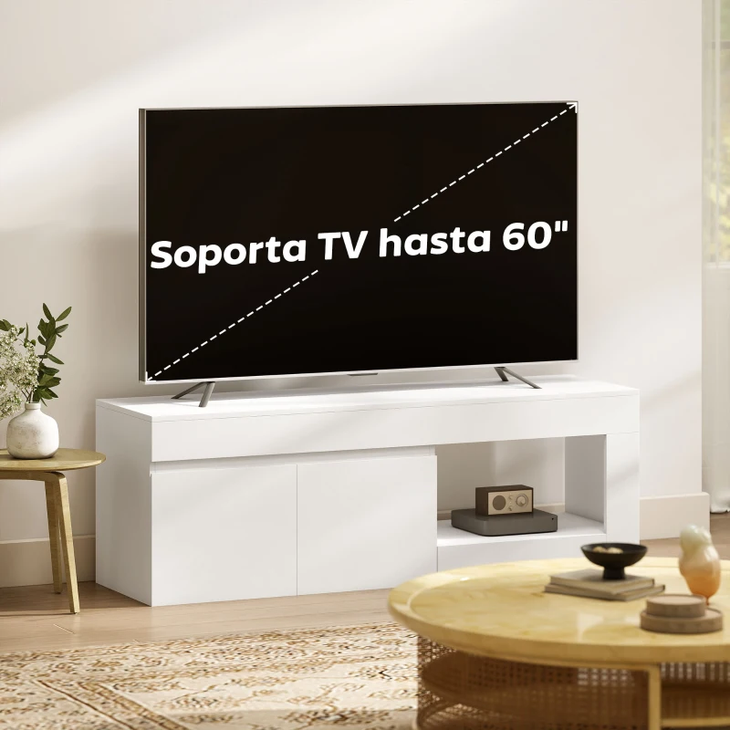 HOMCOM Mueble de TV Moderno para Salón con 2 Puertas Estante Abierto para Televisión 60 Pulgadas 140x40x48 cm Blanco