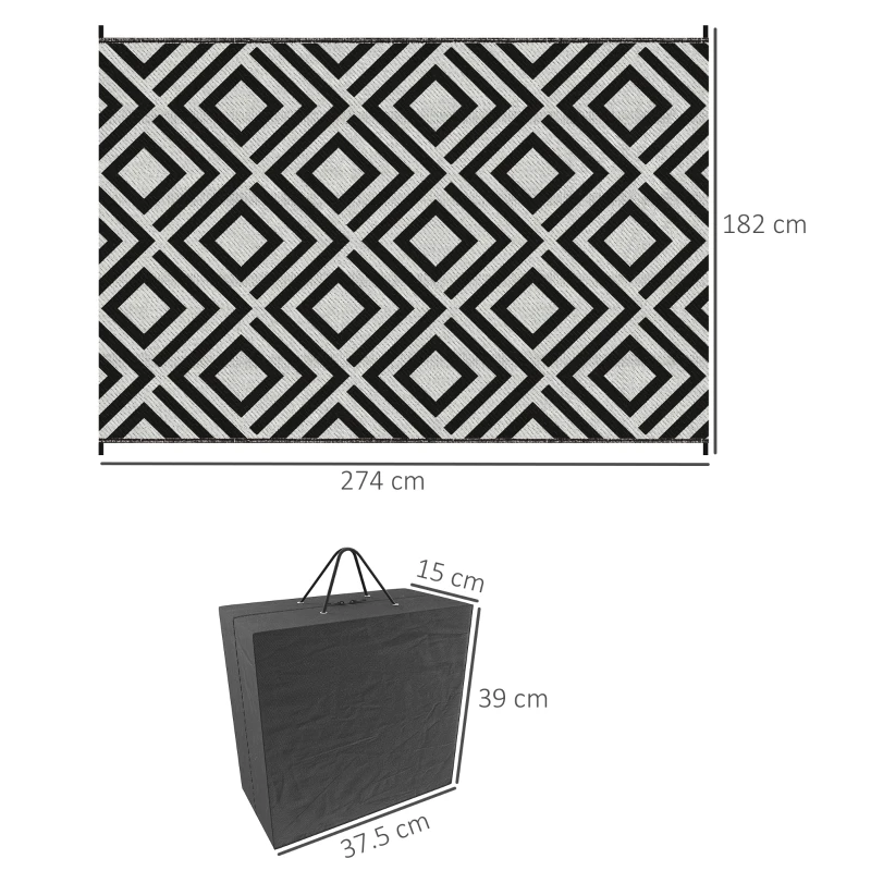 Outsunny Reversible Outdoor Rug, Plastic Straw Mat w/ Carry Bag Ground Stakes for Garden RV Picnic Beach Camping 182x274cm Black
