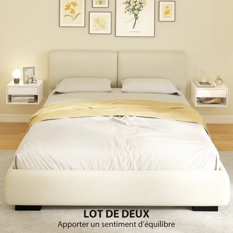 HOMCOM Lot de 2 tables de chevet murales, tables de nuit, tiroir, compartiment ouvert, plateau, 37 x 32 x 21 cm, blanc