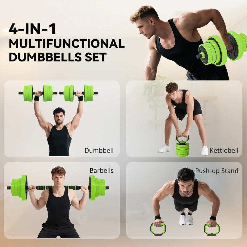 SPORTNOW 40kg 4-In-One Adjustable Weight Dumbbells Set, Barbell, Kettlebell, Push Up Stand - Green