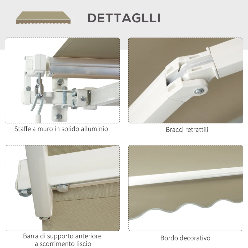 Outsunny Tenda da Sole 2.5x2 m con Braccio Avvolgibile, Tenda Parasole da Esterno a Manovella in Alluminio e Tessuto Poliestere, 280 g/㎡, UV50+, Cachi