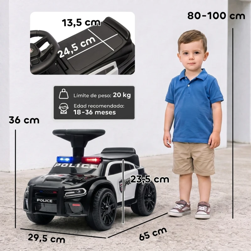 AIYAPLAY Coche Correpasillos de Policía para Niños de 18-36 Meses con Luz Música y Espacio de Almacenaje 65x29,5x36 cm Negro