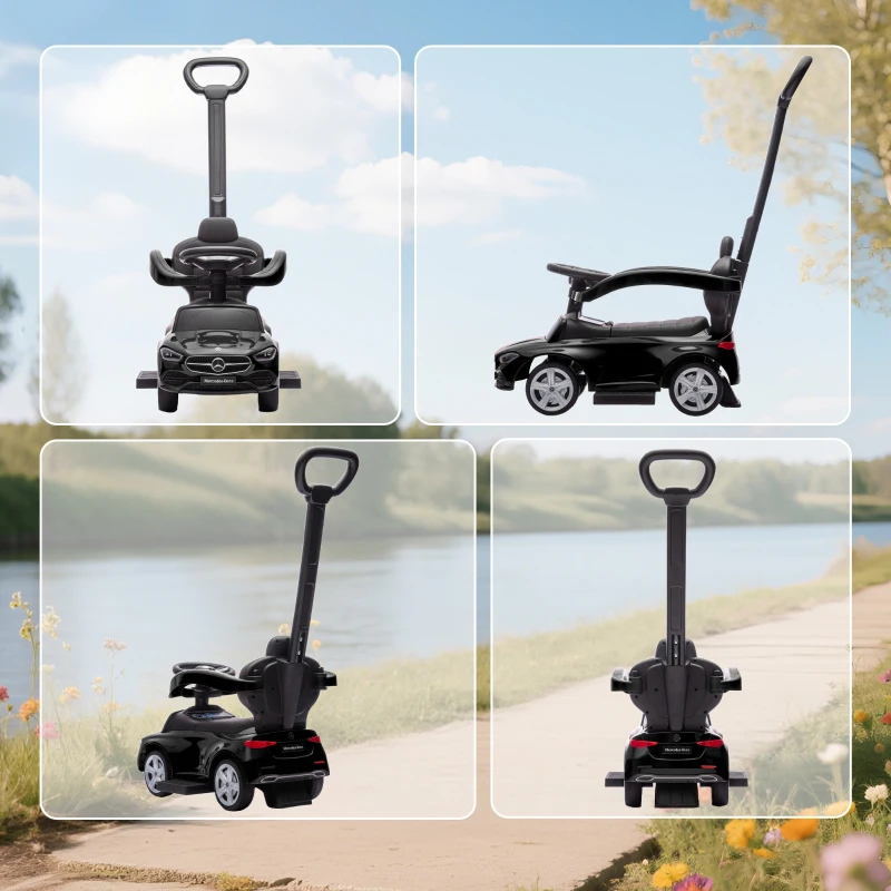 AIYAPLAY 2 in 1 Baby Ride on Push Car Mercedes-Benz C-Class Licensed Walker Foot to Floor Push-Along with Removable Handle, Black