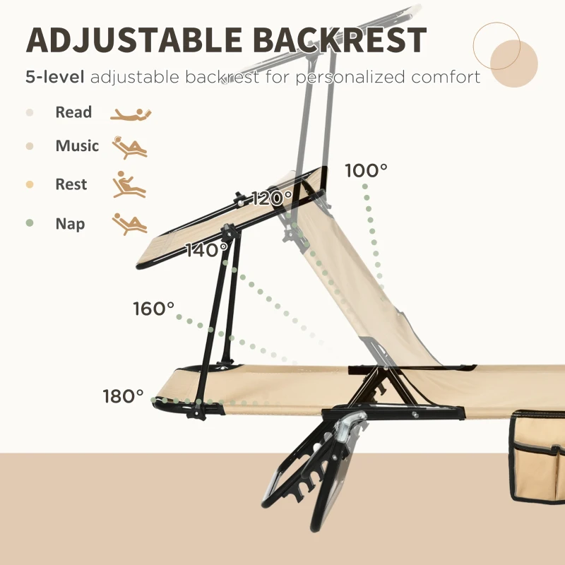 Outsunny 2 Piece Folding Sun Loungers with Canopy, Adjustable Recliner Garden Chairs with Side Pocket, Steel Frame and Breathable Mesh for Outdoor, Pool, Beach, Garden, Tan Brown