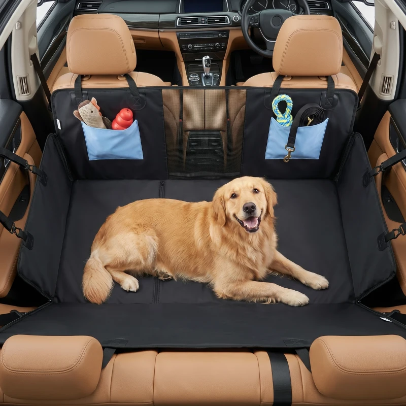 PawHut Dog Car Seat Cover, Waterproof Dog Travel Hammock w/ Non-Slip & Anti-Scratch Surface, Mesh Window and Pockets, Blue