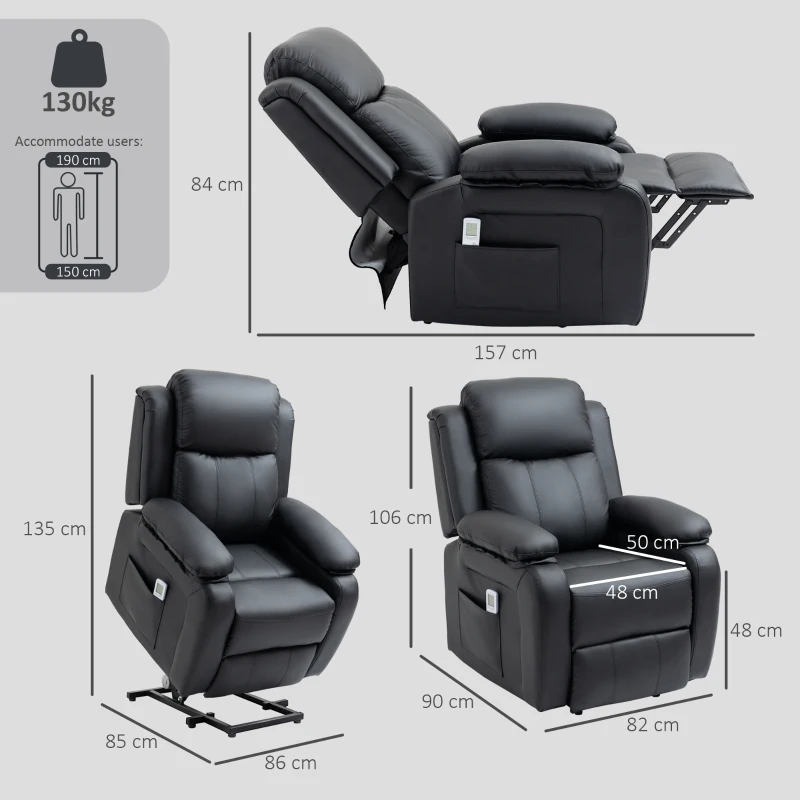 HOMCOM Riser and Recliner Chair with Vibration Massage, PU Leather Power Lift Chair for Elderly, Black