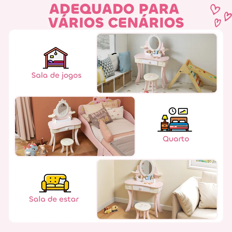 AIYAPLAY Toucador para Crianças com Banco Toucador com Espelho Gaveta e 7 Acessórios Rosa