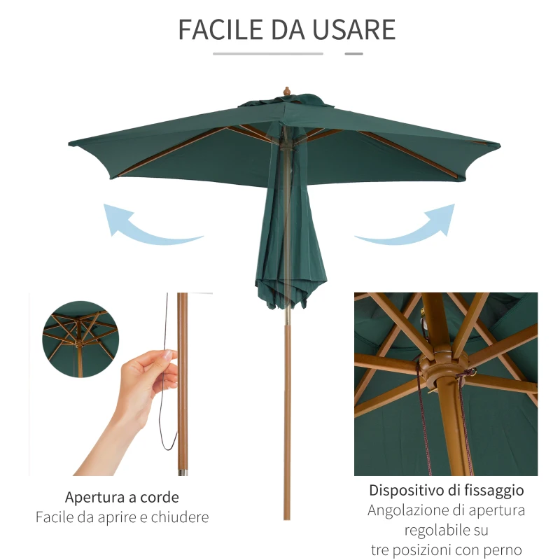 Outsunny Ombrellone da Giardino 2.5x2.3m a 6 Stecche, in Legno e Poliestere, Verde Scuro