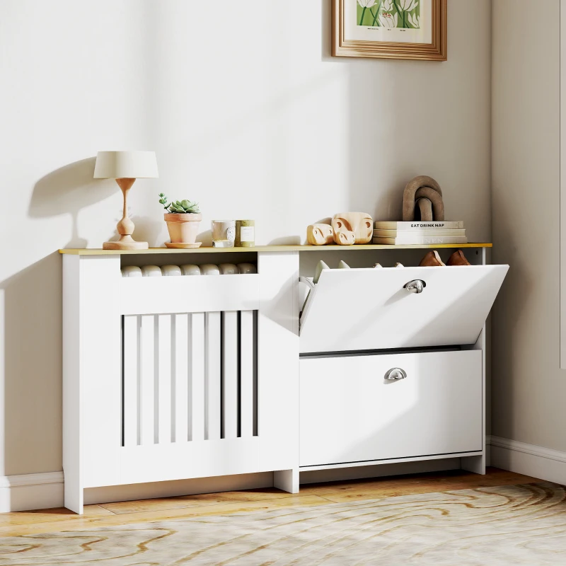 HOMCOM Cubre Radiadores con Zapatero Cubierta para Radiador con 2 Cajones Abatibles 152x19x81 cm Blanco